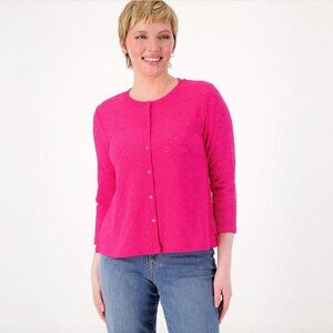 LOGO by Lori Goldstein Hot Pink Eyelet Lace Button-Up Boxy Fit Cardigan Sz 3X